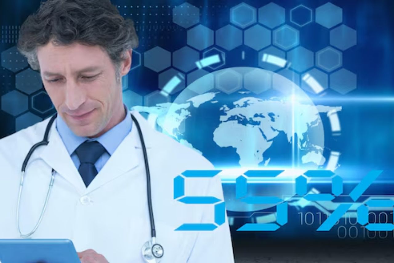 A doctor utilizes a tablet, with a globe behind, illustrating the role of blockchain technology in the medical supply chain